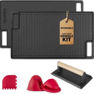 Cast Iron Reversible Grill/Griddle Set with Press, Scraper & Mitts - Pre-Seasoned, Non-Stick - 16.75" x 9.5" - Gas Stove, Grill, Camping, Indoor and Outdoor Cooking