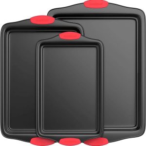 NutriChef 3-Piece Nonstick Kitchen Oven Baking Pans - Premium & Stylish Non-Stick Steel, Commercial Grade Restaurant Quality Metal Bakeware with Red Silicone Handles - Easy to Clean, NCSBS3S