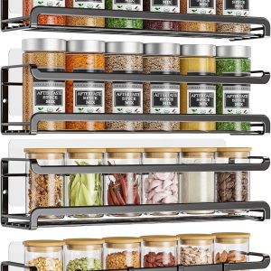 Spice Rack wall mounted 4 Pack, Space-Saving Spice Organizer for Spice Jars and Seasonings,Screw or Adhesive Hanging Spice Rack Organizer for Your Kitchen Cabinet,or Pantry Door